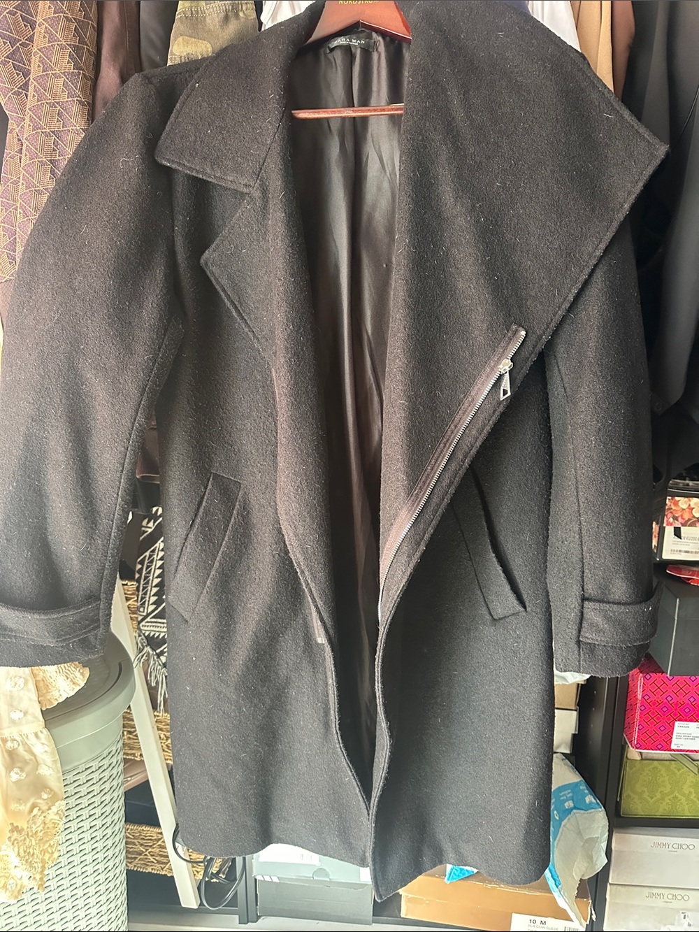 Zara Black Wool-Blend Trench Coat with Asymmetric Zip